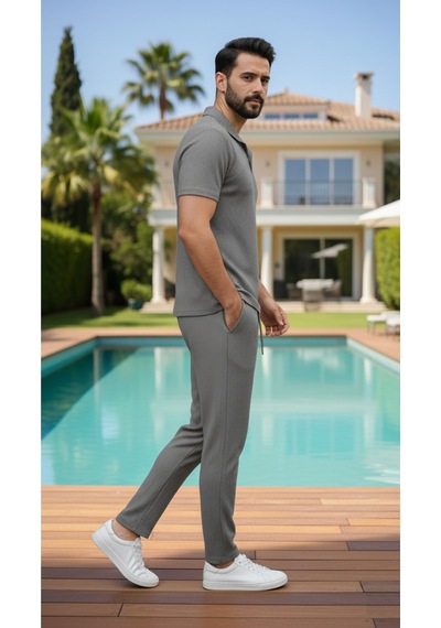 Fifty Color Unisex Trend Bürümcük Krinkıl Kumaş Yazlık Likralı Kısa Kol Tişört Eşofman Takım Gri