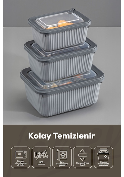 Vienev 3'lü Vip Dikdörtgen Mikrodalga Ve Difrize Uygun Saklama Kabı Seti Gri 1x 1750,1050,600 Ml Antrasit