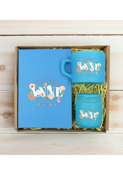 Bk Gift Kişiye Özel İsimli Dtf Anne Temalı Turkuaz Defter & Kahve Fincanı & Mum Hediye Seti-4, Anneye Hediye, Anneler Günü Hediyesi Kobitmeyencom30822