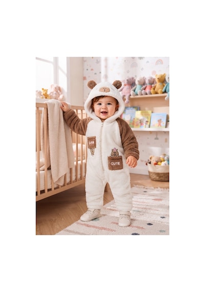 Chicsy Baby Tatlı Ayıcık Nakışlı Bebek Welsoft Tulum Kapüşonlu Kulaklı Fermuarlı Cepli Kışlık Peluş Tulum Açık Kahverengi