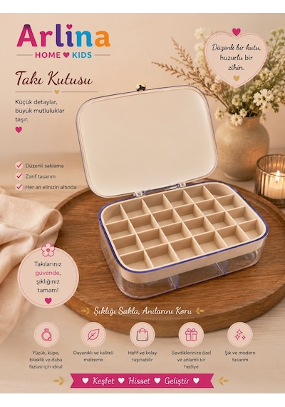 30 Bölmeli Takı Kutusu Düzenleyici Seyahat Çantası Kolye Yüzük Küpe Organizer Krem 18cmx12,5cm