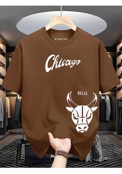 Chıcago Bulss Baskılı Oversize Tişört Kahverengi