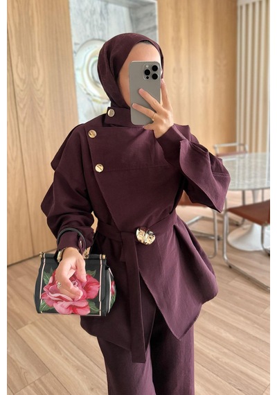 Kahijab Omuz Düğmeli Trenç Takım - Bordo Bordo
