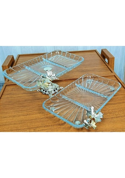 Elta Collection 2 Li Paşabahçe Kristal Metal Ayaklı Gümüş Dikdörtgen Bölmeli Pasta Sunumluk Kurabiyelik Gümüş Kare Bölmeli