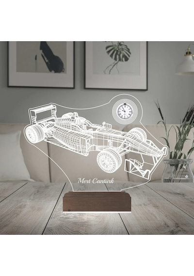 Luvivia Formula 1 F1 Yarış Arabası Kişiye Özel Metal Saatli 3d Lamba - Masa Gece Lambası Şeffaf