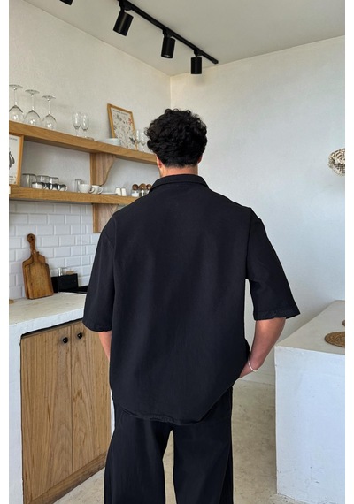 Flaw Basic Oversize Kısa Kol Keten Gömlek Siyah-26087 Siyah