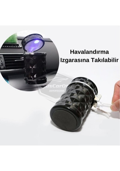 Üniversal Kristal Pırlanta Taş Görünümlü Mavi Led Işıklı Lüx Oto Küllük Kapaklı Spor Araç İçi Küllük Araba Küllüğü Siyah