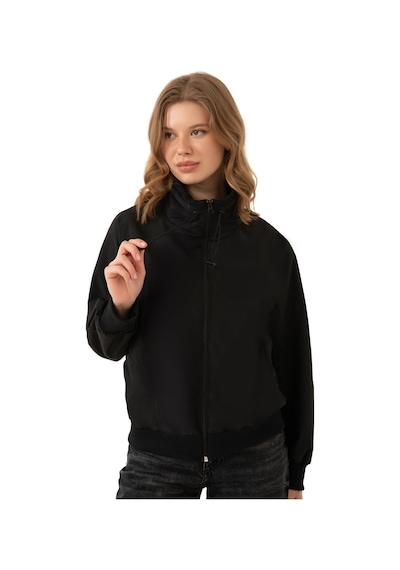 Firststops Kadın Siyah Dik Yaka Su Ve Rüzgar Geçirmez Oversize Crop Mevsimlik Yağmurluk Rüzgarlık Siyah