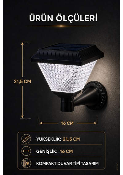 Astec Kristal Solar Led Duvar Aplik 30w 6400k Beyaz Işık Ip64 Dış Mekân Bahçe Duvar Aydınlatma Prizmatik