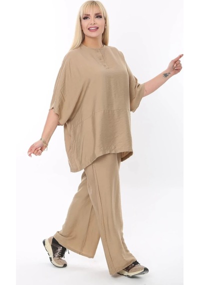 Mia Butik Büyük Beden Bej Yuvarlak Yaka Salaş Takım Bej