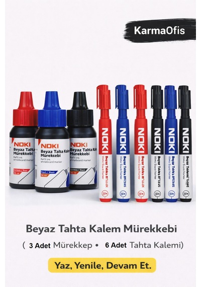 Beyaz Tahta Kalemi + Mürekkep Seti 3 Mürekkep + 6 Kalem Çok Renkli
