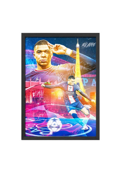 Kylian Mbappe Siyah Ahşap Çerçeveli Poster, Dekoratif Spor Duvar Tablosu