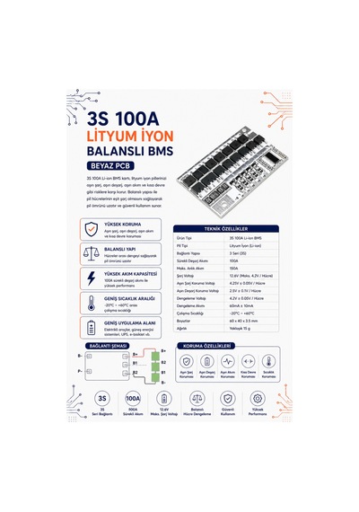 3s 100a Lityum İyon Balanslı Bms Beyaz Pcb