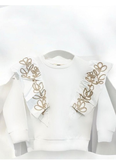 Kız Çocuk Pamuklu Orta Kalınlık Omuzları Fırfırlı Ve Nakışlı Sweatshirt-14447 Ekru