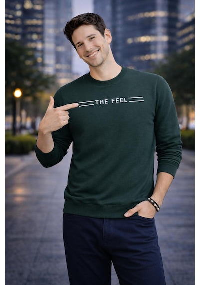 The Feel Rio Erkek Dar Kesim Flim Fit Bisiklet Yaka Desenli Kazak Haki