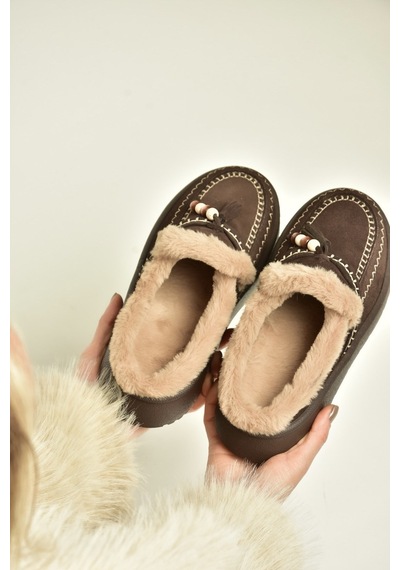 Fox Shoes Z357171661 Kahverengi Süet Hakiki Deri Kürklü Kadın Makosen Terlik