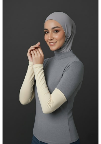 Sonbaharmoda Kadın Tesettür Likralı Esnek Düz Penye Kolluk Ekru