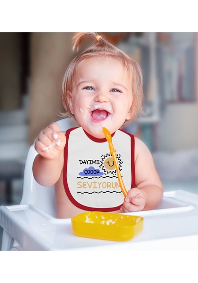 BK Kids Dayımı Çok Seviyorum Tasarımlı Kırmızı Bebek Mama Önlüğü- Kırmızı