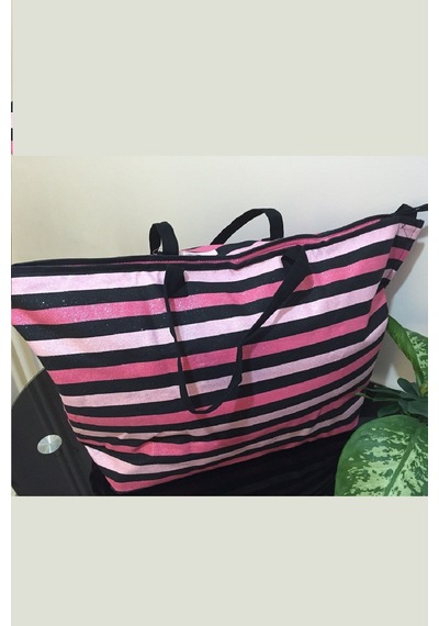 Victoria's Secret Vs Simli Siyah Pembe Çizgili Askılı Duffle Carryall Tote Siyah