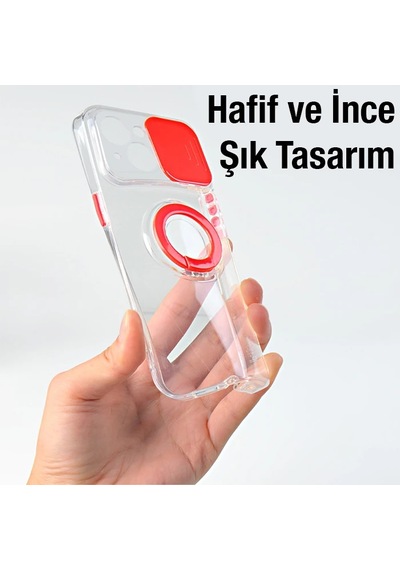 Ally Apple iPhone Uyumlu 13 Mini 5.4inç Kılıf Sürgülü Kamera Lens Korumalı Yüzük Standlı Silikon Kılıf- 5775 Renk: Pembe