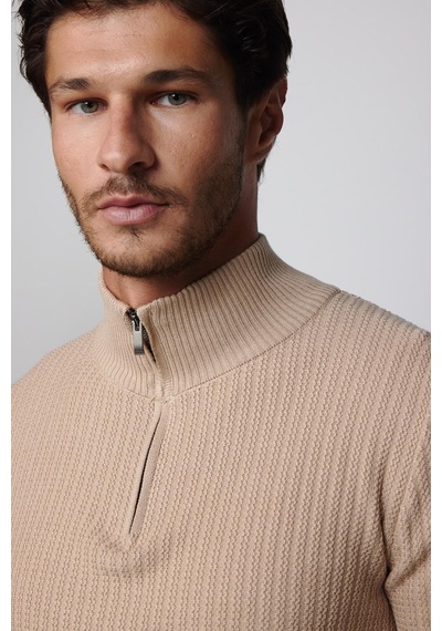 Tudors Slim Fit Dar Kesim Dik Yaka Fermuarlı Desenli Bej Erkek Triko Kazak-28924 Taş - Ekru