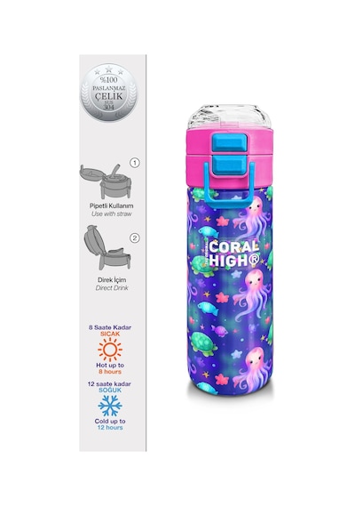 Coral High Kids Lavanta Turkuaz Deniz Temalı Pipetli Ve Direkt İçim Çelik Termos 500 Ml 31860 Turkuaz