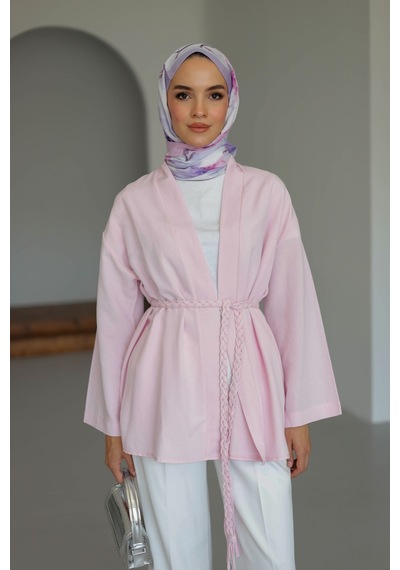 Moonsc Keten Kimono Kemerli Pembe