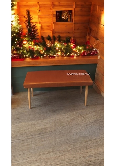 Ahşap Ayaklı Handmade Geniş Oturum Alanlı Düz Kumaş Pofidik Puf Bench, Ayak Ucu Uzatmalık Kiremit Rengi