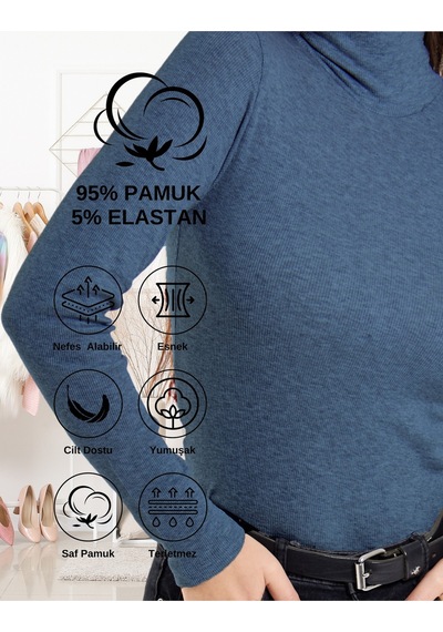 Alya Underwear Kaşkorse Tam Boğazlı Body Sweatshirt, Fitilli Kumaş, Likralı, Gül Kurusu İndigo Melanj