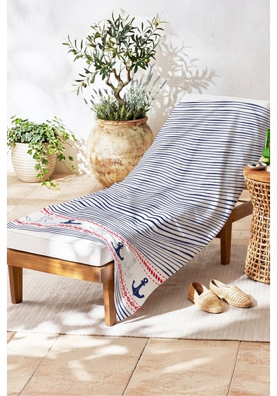 Çizgili Marine Çapa Plaj Havlusu - Lacivert Beyaz Nautical Tarz Hızlı Kuruyan Mikrofiber Havlu Örtü Kül Akasya