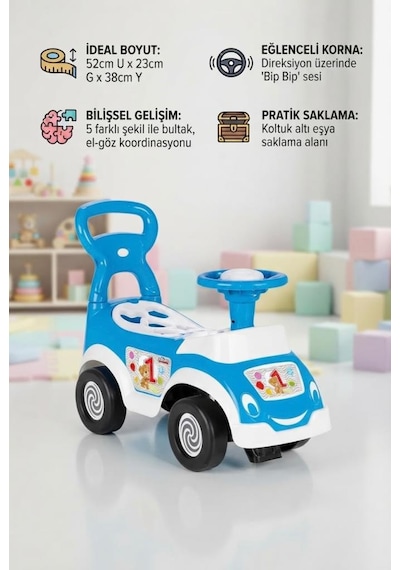 Bul-tak İlk Arabam - Çocuk İlk Adım Ve Bultak Oyuncak Eğitici 52 Cm Aktivite Arabası Mavi