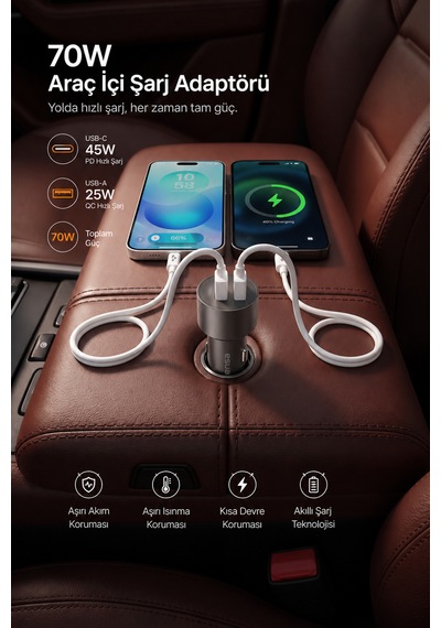 Kensa 70w Araç Hızlı Şarj Aleti Usb-c + Qc Usb-a Girişi Tüm Araçlar Uyumlu Şarj 70w Car Charger