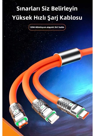 Bucuks 3 İn 1 Type-c + Micro Usb + Lightning Hızlı Şarj Kablosu Silikon Kablo 1 Metre Opp Ambalaj Renkli