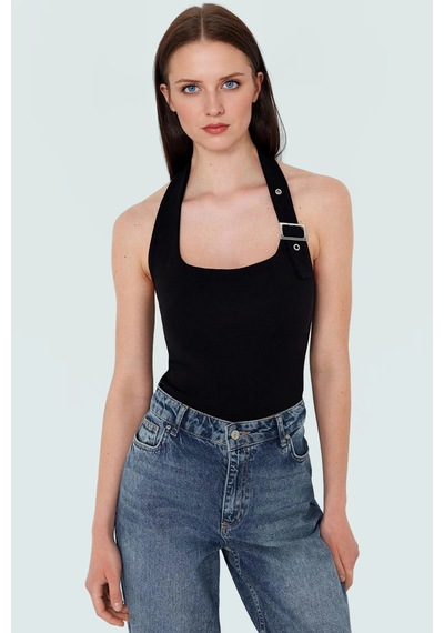 Ersefa Fitted Kalıp Viskoz Ribana Crop Bluz Boyundan Bağlamalı Yaka Günl siyah