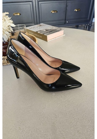 036 150 Topukla Kadın İnce Topuk Stiletto Siyah Rugan