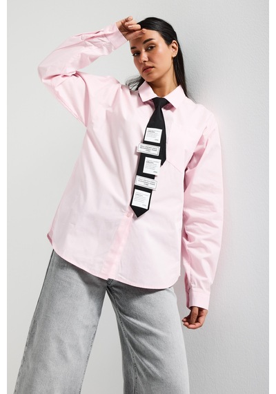 Itsbasic Kadın Pembe Renk Oversize Kravatlı Özel Tasarım Bol Kesim Gömlek