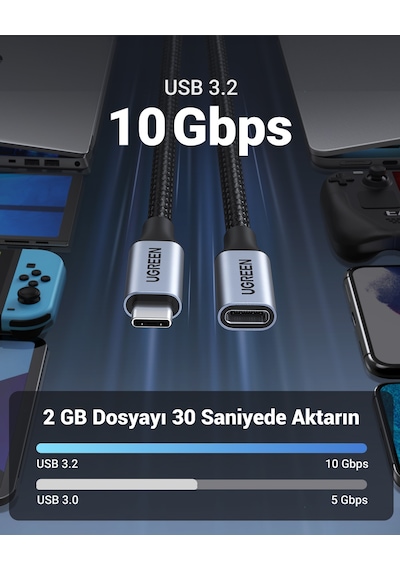 Ugreen Usb-c Erkek - Usb-c Dişi Gen-2 Örgülü Uzatma Kablosu 1 M, Uzay Grisi, 30205