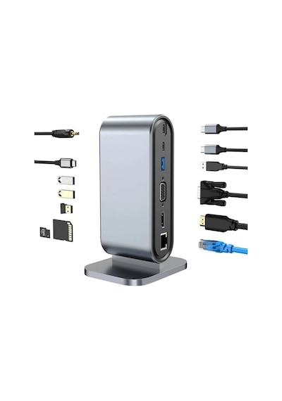 Usb C To Hdtv + Vga + 7 Ports Hub + Sd/tf Readcarder Sb C Hub Dizüstü Bilgisayar Bağlantı İstasyonu, Vga İle 12'si 1 Arada Dock, Hdmı 4k, 100mbps Ethernet, 3 X Usb-a 3.0 Ve 100w Usb- Zr773