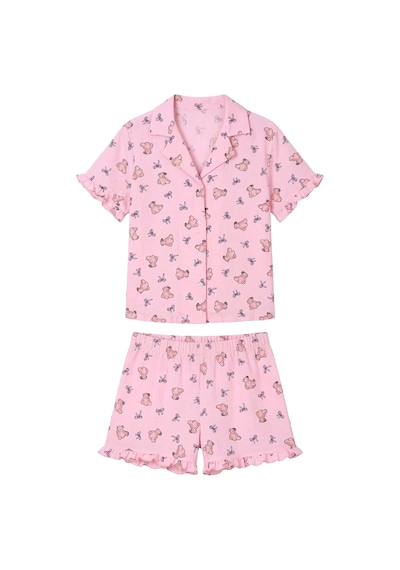 Cottonhill Pudra Ayıcık Desenli Bürümcük Gömlek Yaka Kadın Şortlu Pijama Takımı