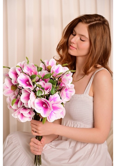 Pembe Yapay Manolya Çiçeği 3 Dallı Premium Canlı Islak Dokulu 52 Cm
