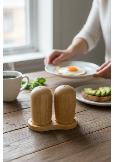 Doğal Bambu Tuzluk Biberlik Seti Standlı 8 Cm Ahşap Beyaz Diğer