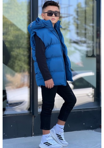 Pina Kids Erkek Çocuk Baskılı Çıkarılabilir Kapüşonlu Şişme Yelek 3017 Mavi