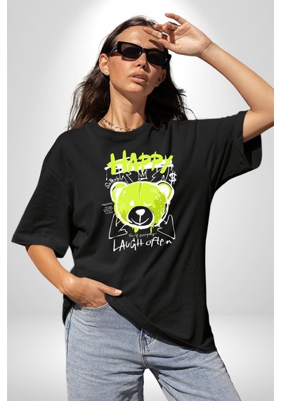 Sık Sık Mutlu Gülmek Teddy Bear Pamuklu Bisiklet Yaka Unisex Oversize Boyfriend Dijital Baskılı Siyah T-shirt Siyah