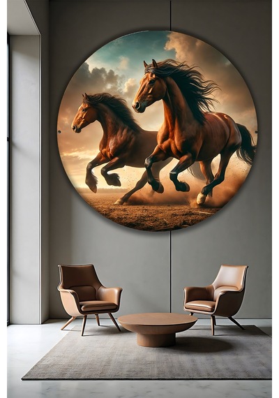 Koşan Asil Atlar Temalı Yuvarlak Dekoratif Duvar Tablosu Modern Salon Ve Ofis Dekoratif Cam Tablo Hayvan Figürlü Dekoratif Duvar Tablosu, Salon, Ofis Ve Çalışma Alanı Dekoru, 80x80 Cm