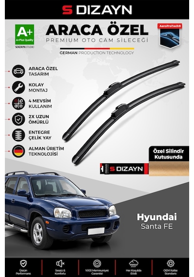 S-dizayn Hyundai Santa Fe Ön Cam Silecek Seti 2000-2006 Premium Araca Özel 55-50 Cm A+ Kalite