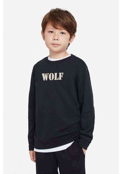 Tshirthane Wolf Baskılı Unisex Çocuk Siyah Sweatshirt Siyah