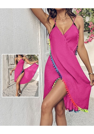 Moderie Butik Kadın Askılı Derin V Yakalı Çapraz Geçmeli Ponponlu Bürümcük Pareo Pembe