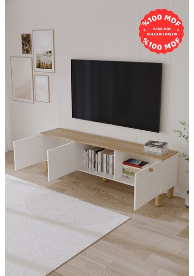 Ece Bohem Tamamı Mdf Tv Ünitesi 180 Cm Safir Meşe Beyaz
