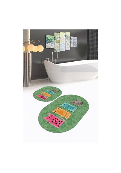 Buççin Online Mağaza Dijital Kaymaz Yıkanabilir Kedi Desen Oval Banyo Takımı Klozet Takımı-yeşil Polyester Yeşil Çok Renkli
