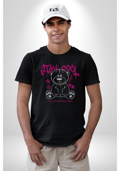 Serin Ve Mutlu Kal Unisex Unisex Siyah Organik Baskılı T-shirt Penye Yüksek Kalite Siyah